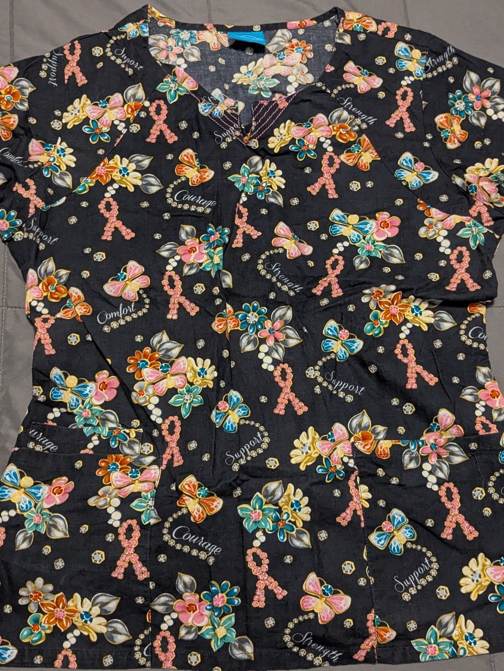 Women's Black Floral & Pink Ribbon V-Neck Scrub Top